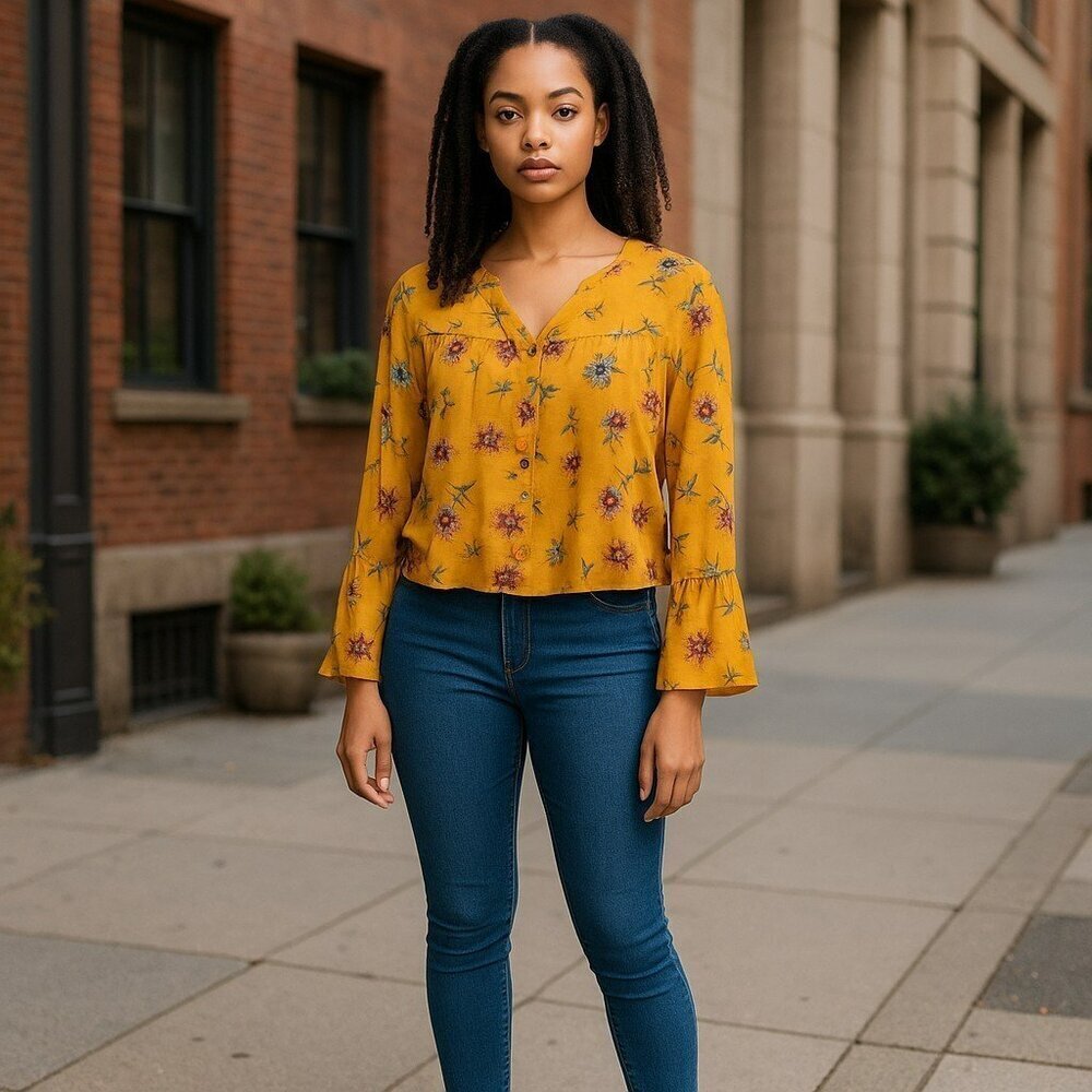 New Mimi Chica Womens XS Gold Yellow Floral Long Bell Sleeve Crop Blouse Top
